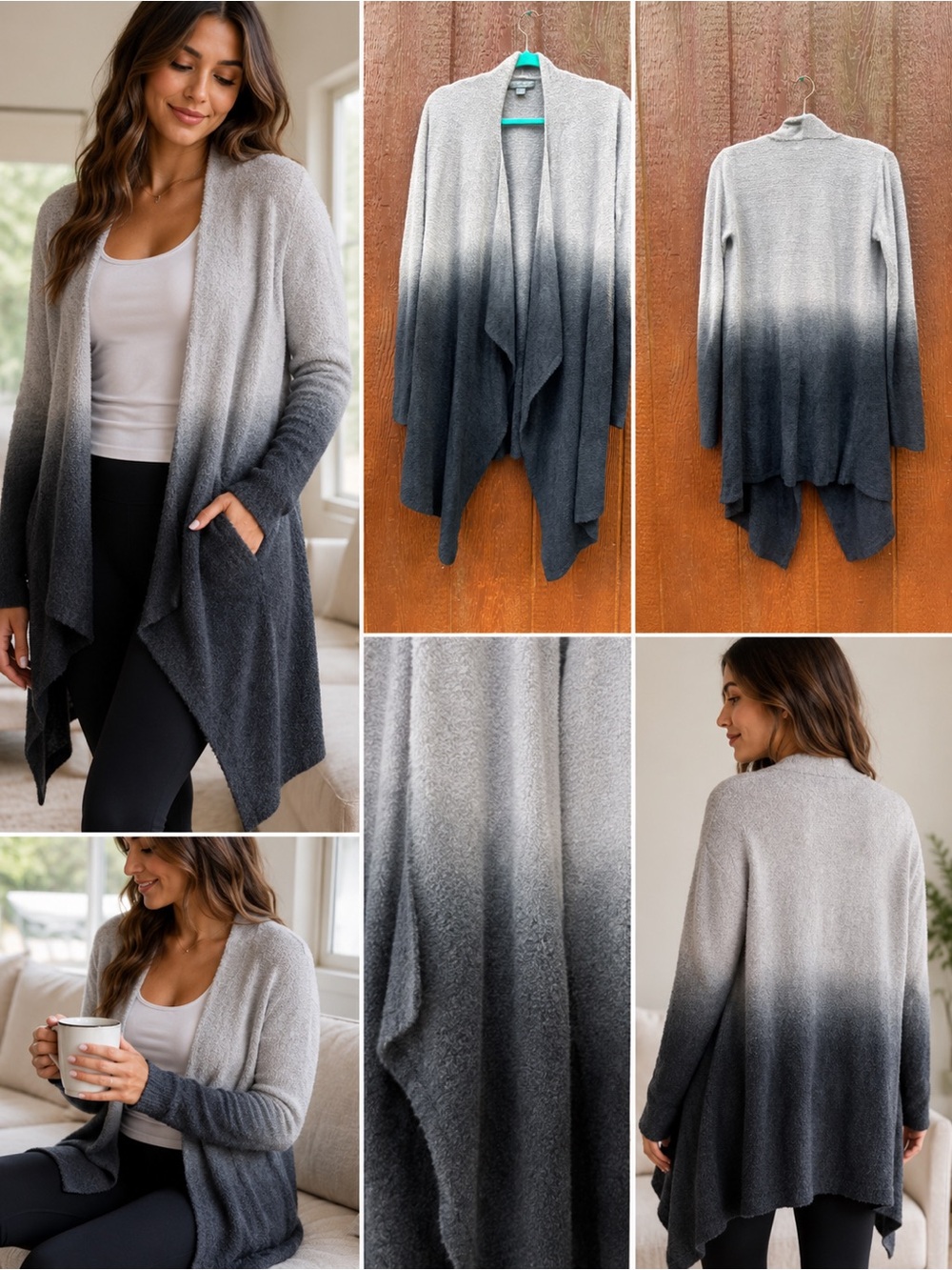 Barefoot Dreams Ombre CozyChic Cardigan Duster Gray Black Open Front Soft  S/M